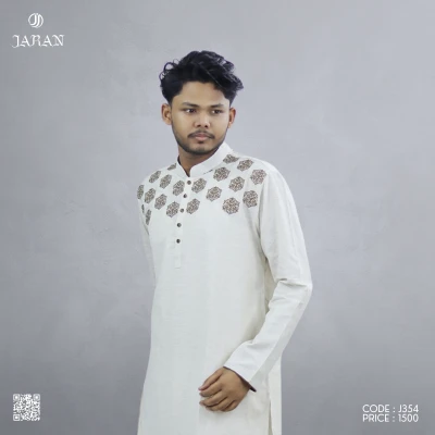 Ivory White Panjabi with Classic Motif Embroidery – J354