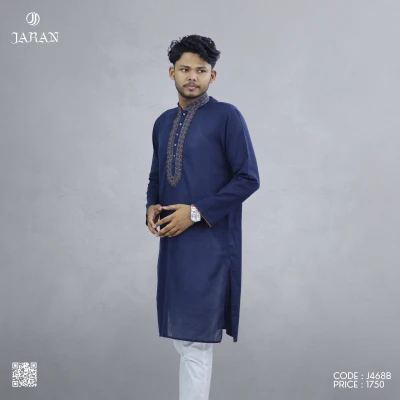 Elegant Navy Blue Panjabi with Ornate Embroidered Placket – J468B