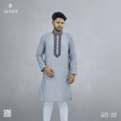 Light Grey Panjabi with Detailed Embroidered Placket – J468