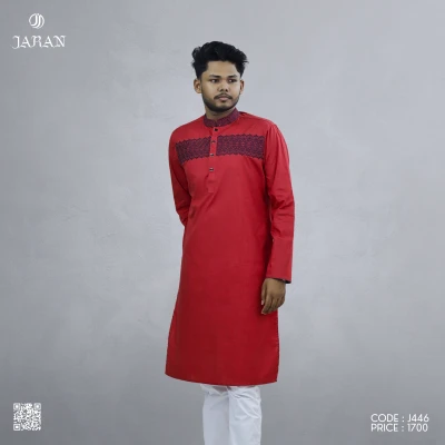 Classic Red Panjabi with Regal Embroidery – J446