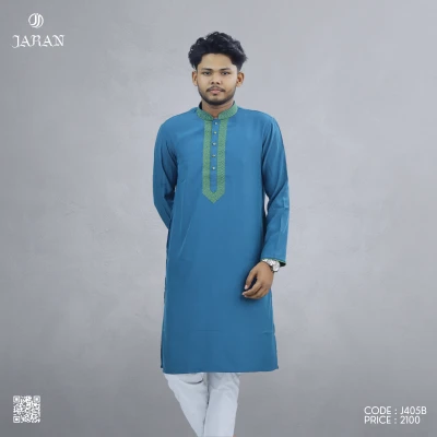 Teal Blue Panjabi with Green Embroidery – J405B
