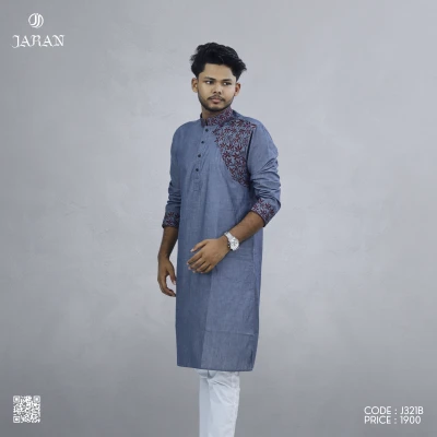 Denim Blue Panjabi with Maroon Leaf Embroidery – J321B