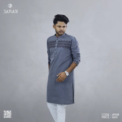 Slate Grey Panjabi with Intricate Chest Embroidery – J494B