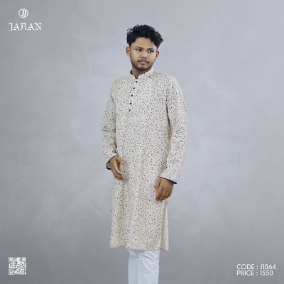 Minimalist Beige Printed Panjabi – J1064