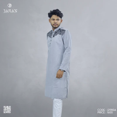 Mist Grey Panjabi with Classic Black Embroidery – J2980A secondary