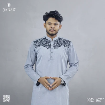 Mist Grey Panjabi with Classic Black Embroidery – J2980A