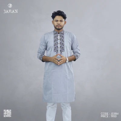 Ash Grey Panjabi with Black Embroidery – J338H