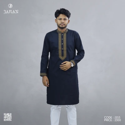 Midnight Black Embroidered Panjabi – J355