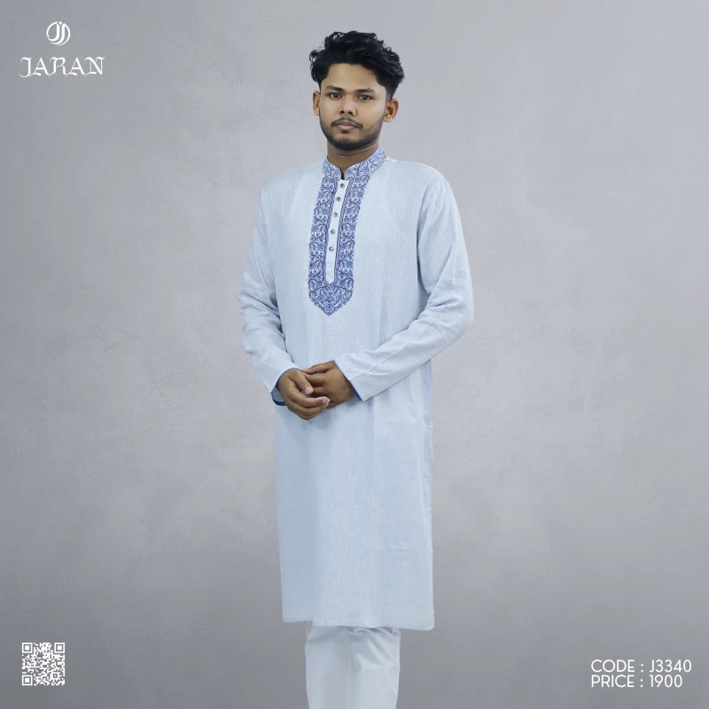 Light Blue Panjabi with Royal Blue Front Embroidery – J3340