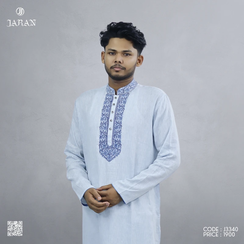 Light Blue Panjabi with Royal Blue Front Embroidery – J3340