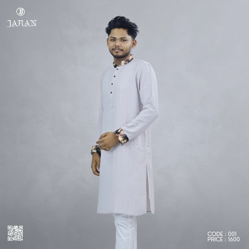 Light Grey Panjabi with Printed Contrast – Code 001