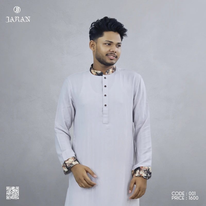 Light Grey Panjabi with Printed Contrast – Code 001
