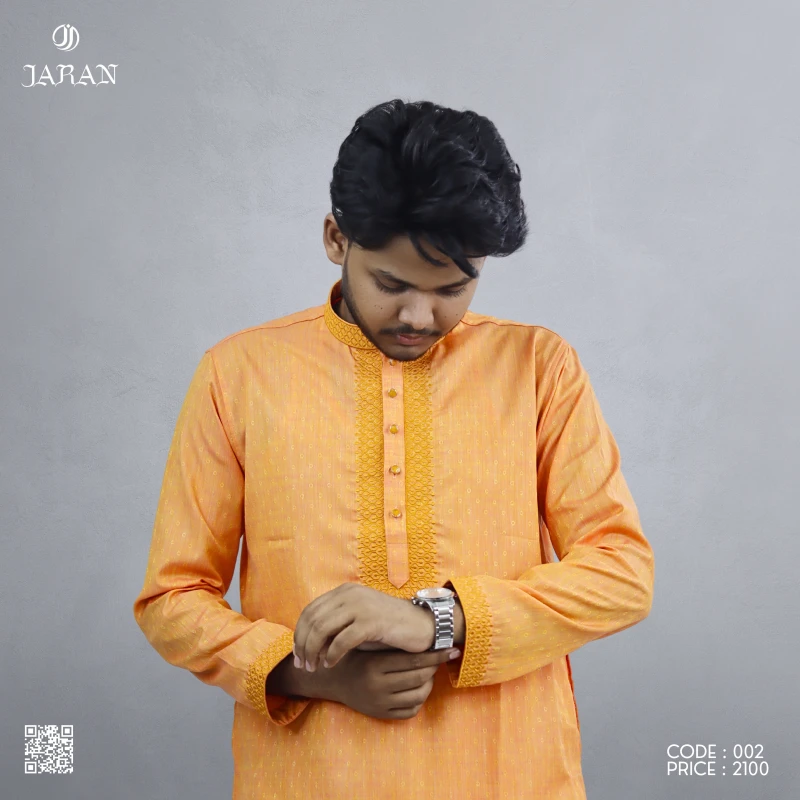 Bright Orange Jacquard Panjabi – Code 002