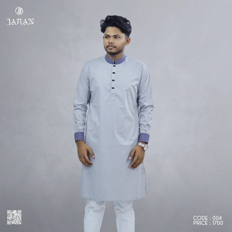 Elegant Grey Panjabi with Contrast Collar – Code 004