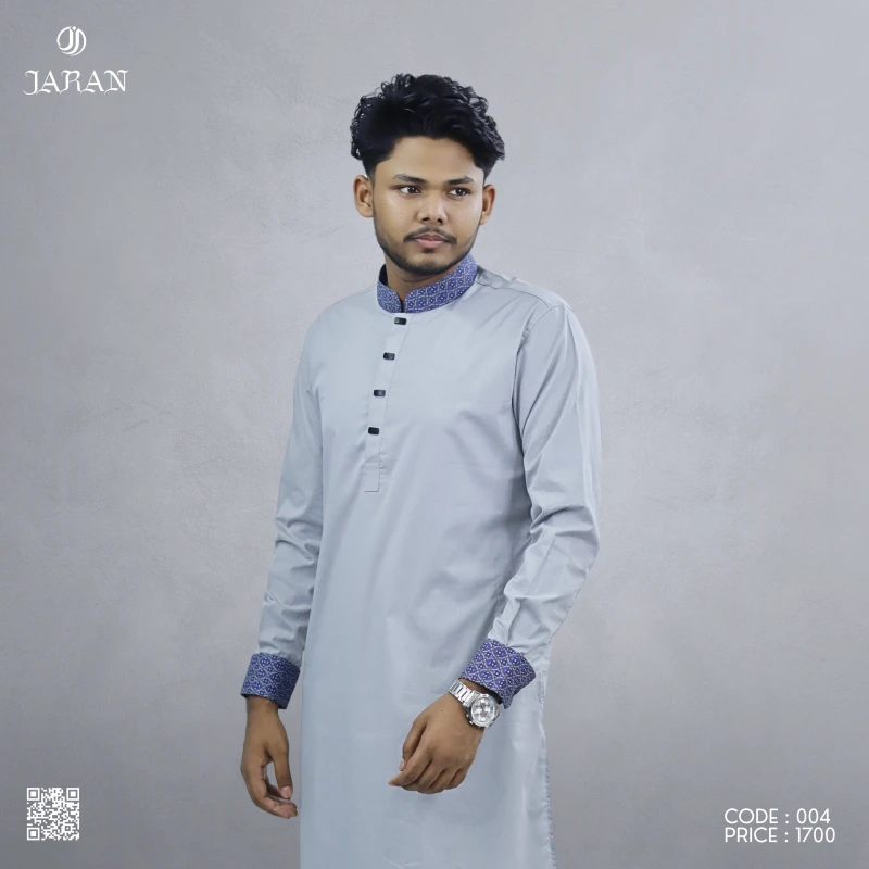 Elegant Grey Panjabi with Contrast Collar – Code 004