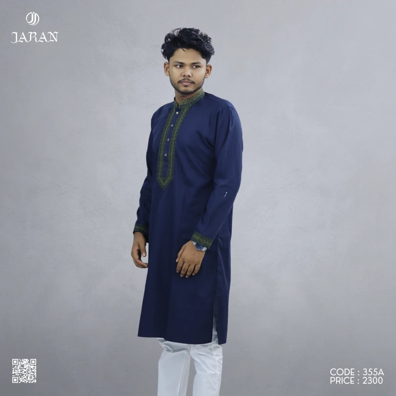 Navy Blue Panjabi with Olive Embroidered Placket – Code 355A