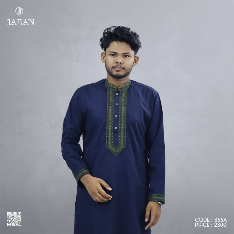 Navy Blue Panjabi with Olive Embroidered Placket – Code 355A