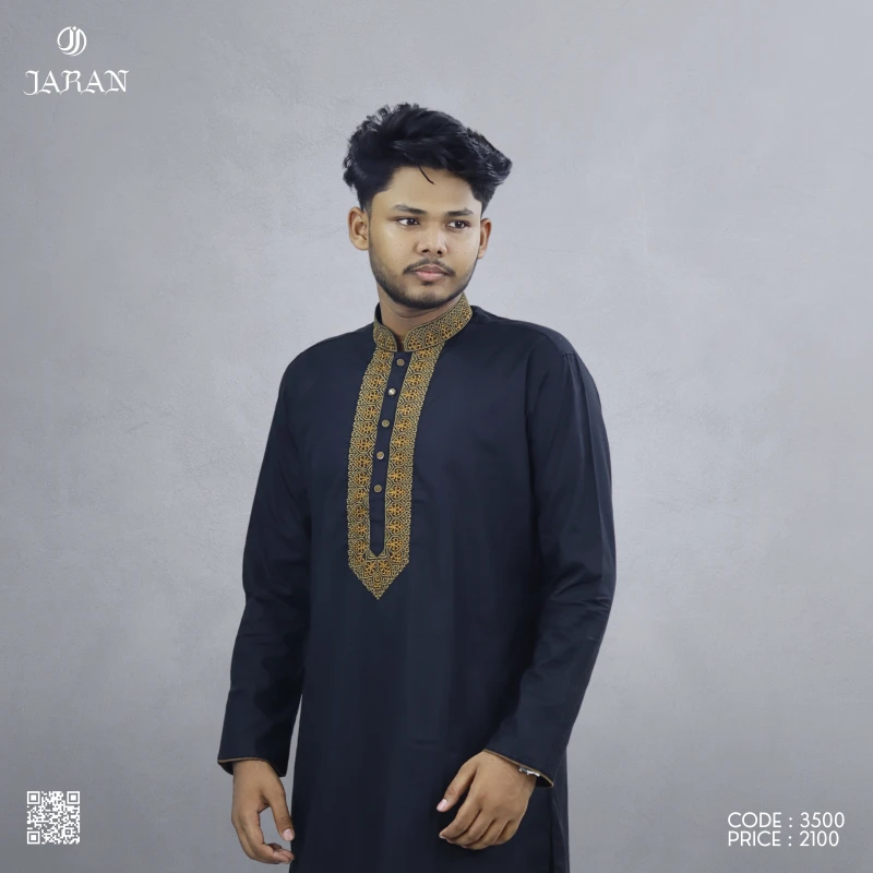 Black Panjabi with Golden Embroidered Placket – Code 3500