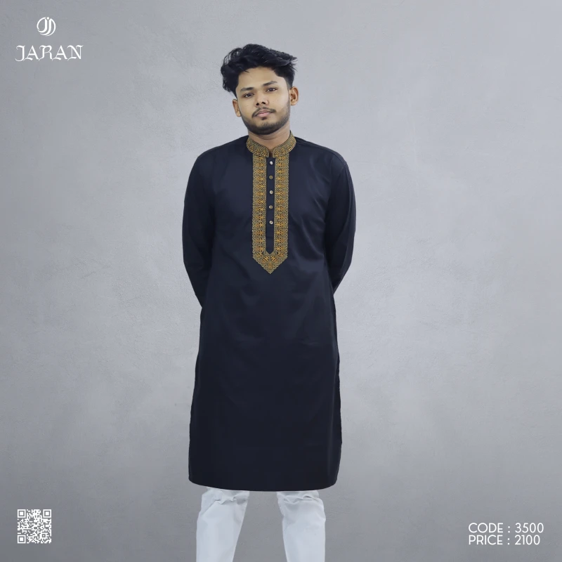Black Panjabi with Golden Embroidered Placket – Code 3500