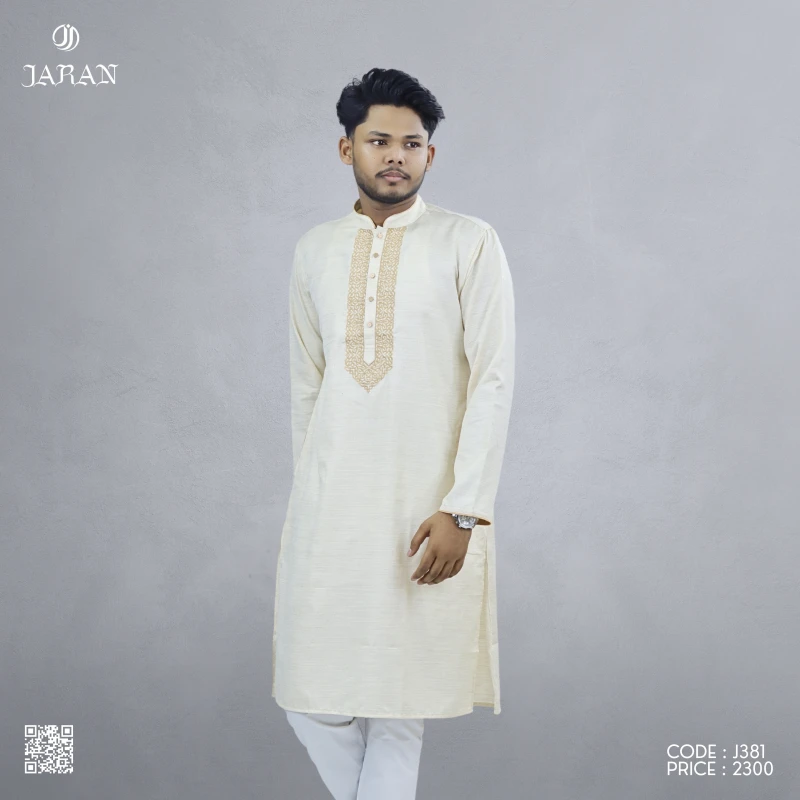 Off-White Panjabi with Beige Embroidered Placket – Code J381