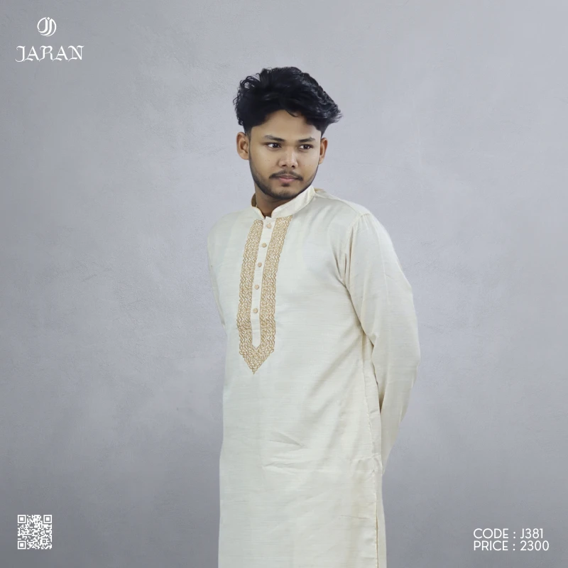 Off-White Panjabi with Beige Embroidered Placket – Code J381