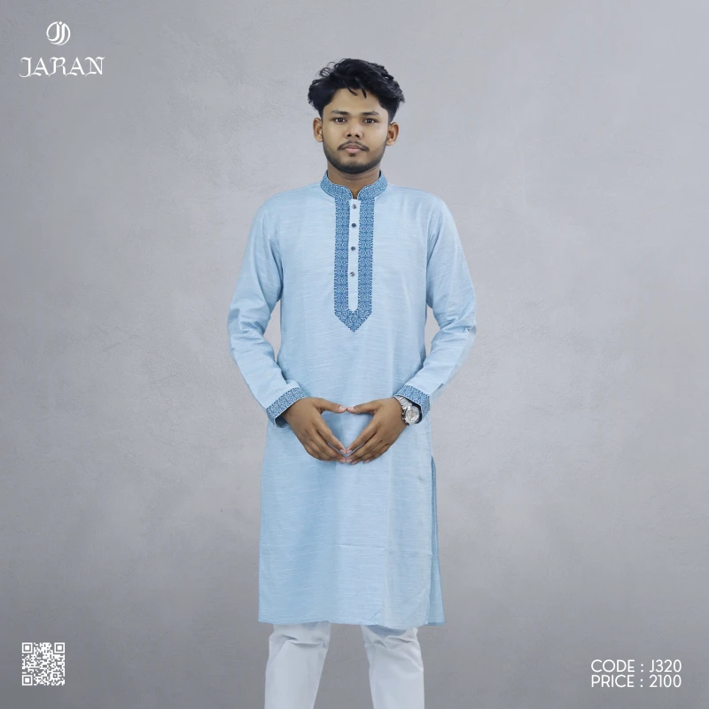 Sky Blue Panjabi with Navy Embroidered Placket – J320