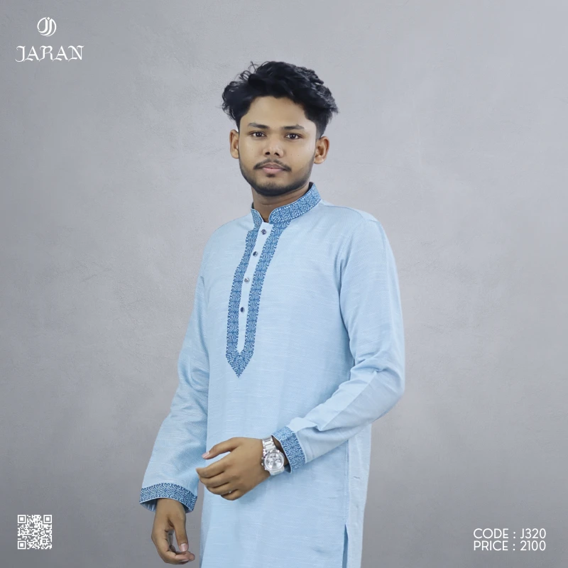 Sky Blue Panjabi with Navy Embroidered Placket – J320