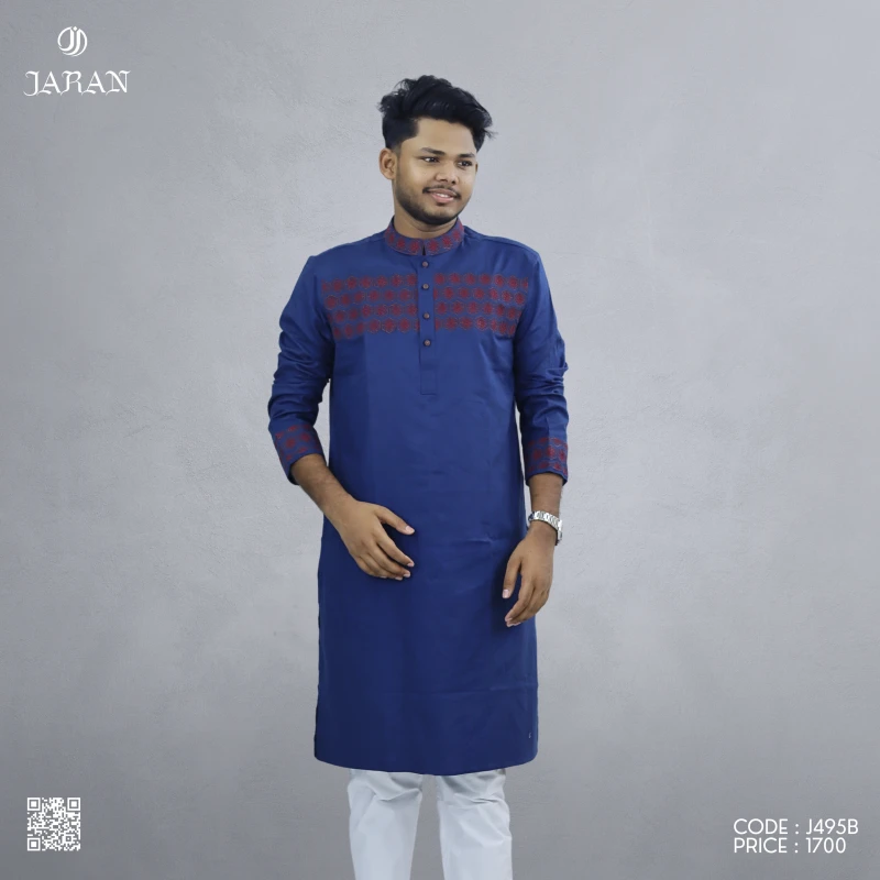 Royal Blue Panjabi with Maroon Geometric Embroidery – J495B