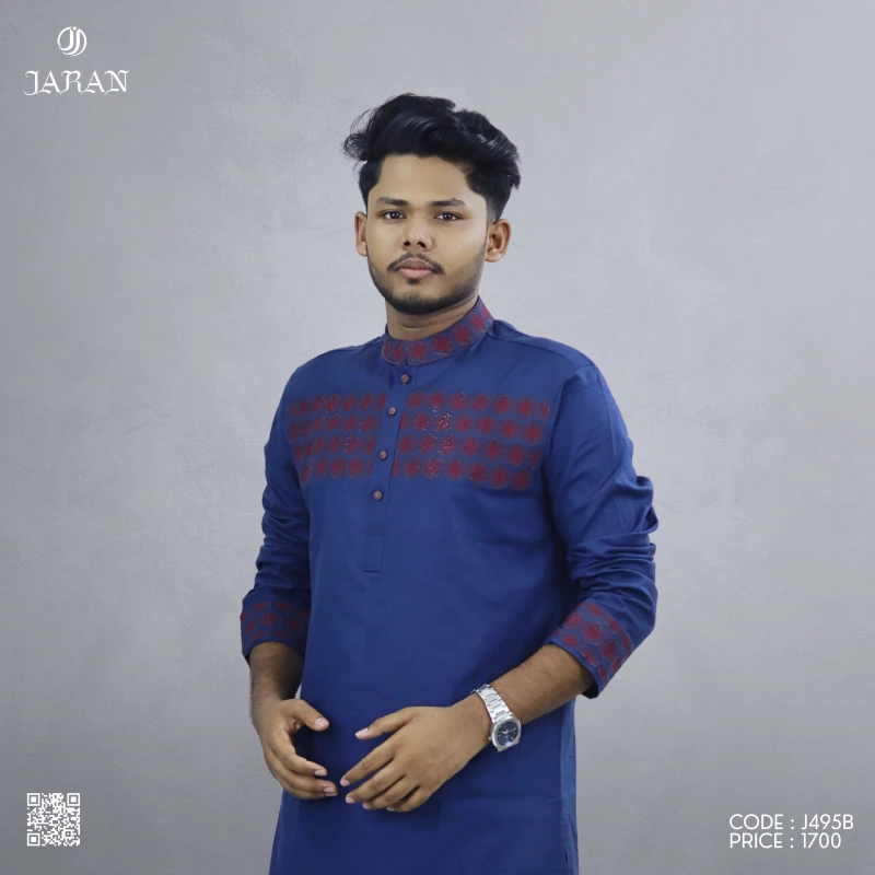 Royal Blue Panjabi with Maroon Geometric Embroidery – J495B
