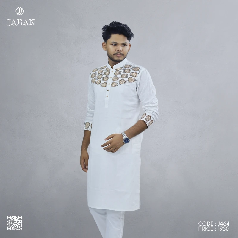 White Panjabi with Rich Brown Embroidery – J464