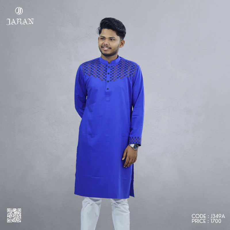Bright Blue Panjabi with Black Embroidered Grid Pattern –J349A