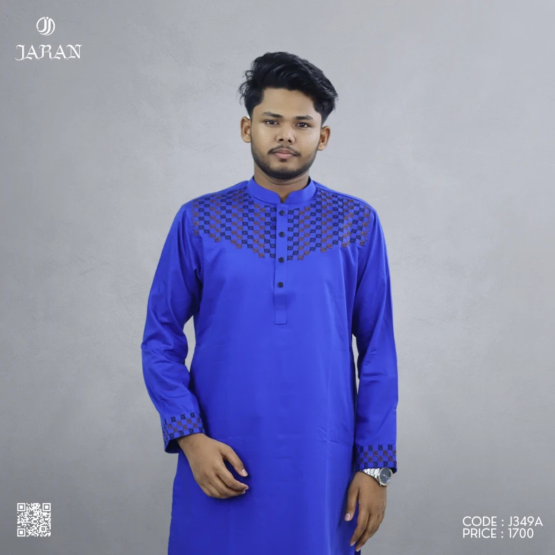 Bright Blue Panjabi with Black Embroidered Grid Pattern –J349A