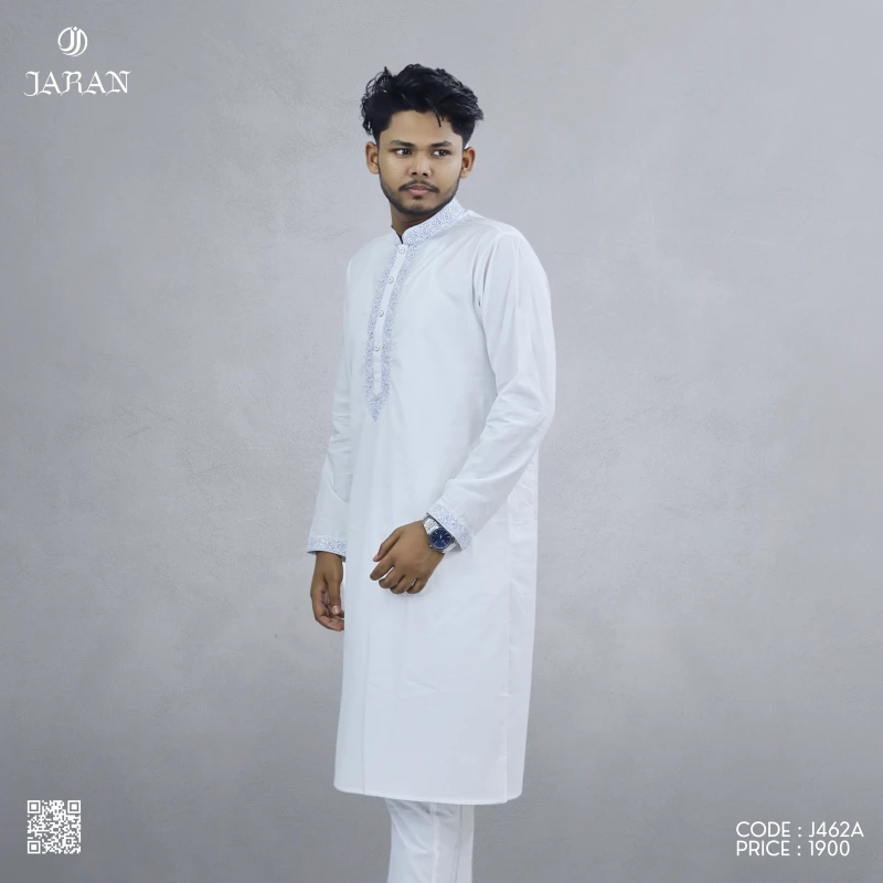 Elegant White Panjabi with Subtle Embroidery – J462A