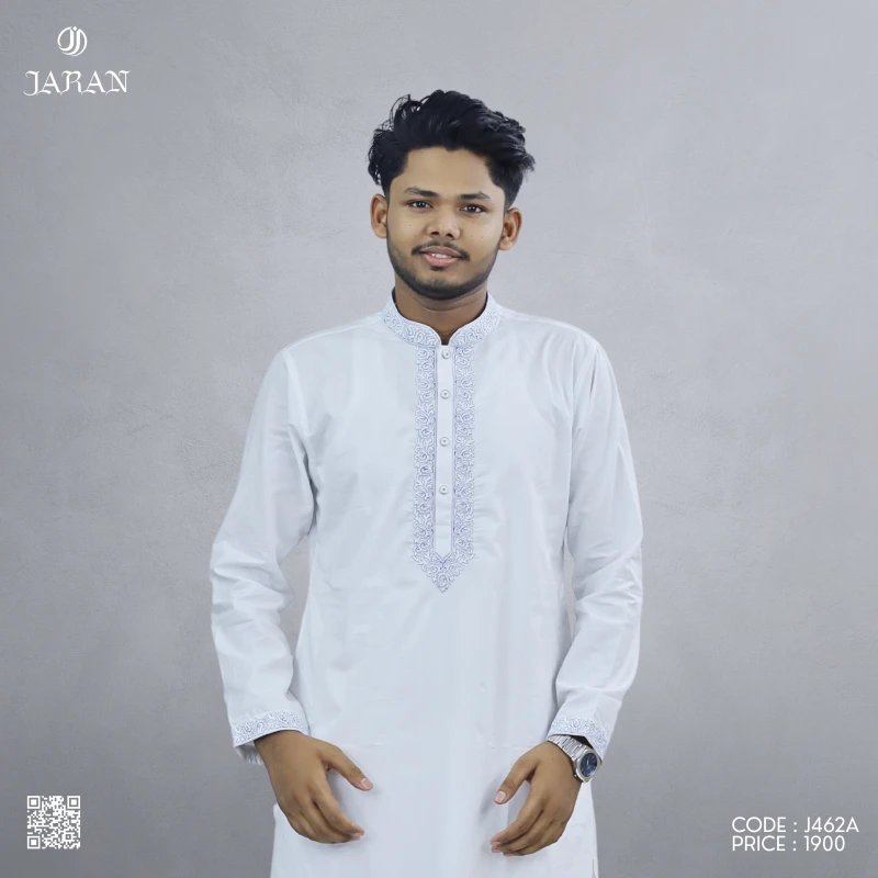 Elegant White Panjabi with Subtle Embroidery – J462A