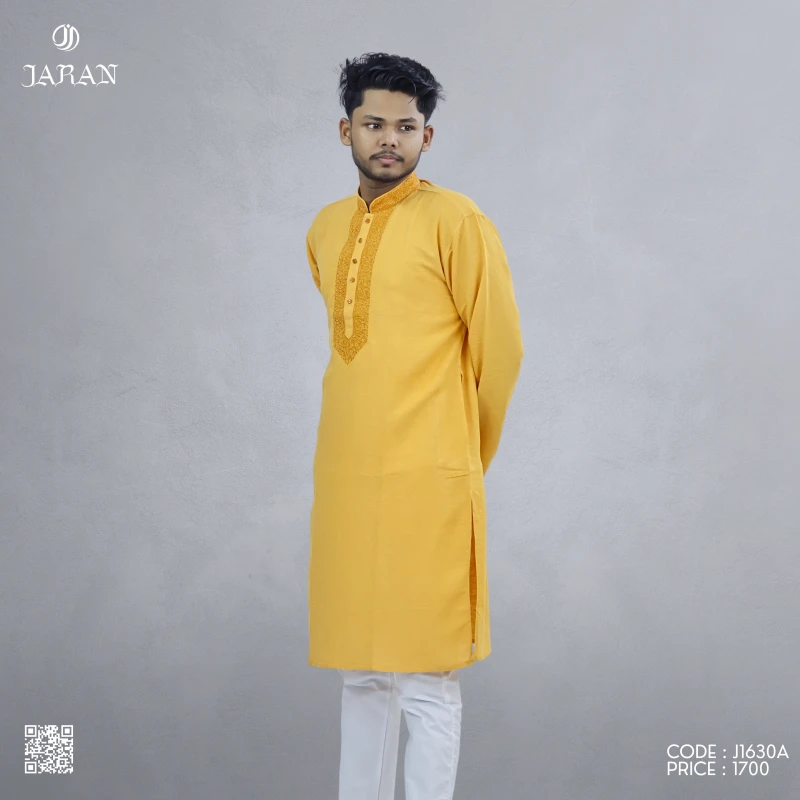 Mustard Yellow Panjabi with Matching Embroidery – J1630A