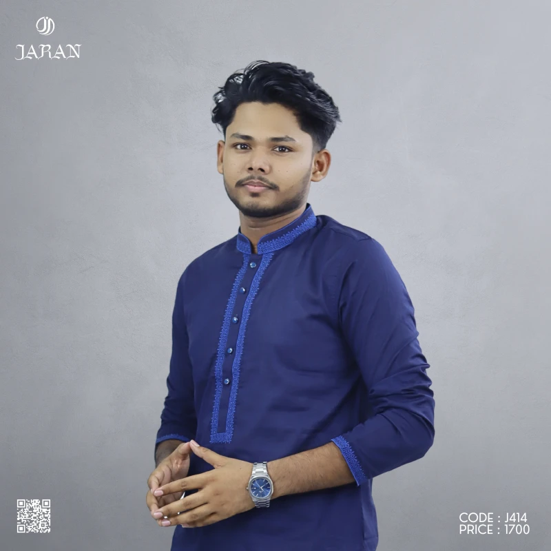 Navy Blue Panjabi with Royal Blue Embroidered Highlights – J414