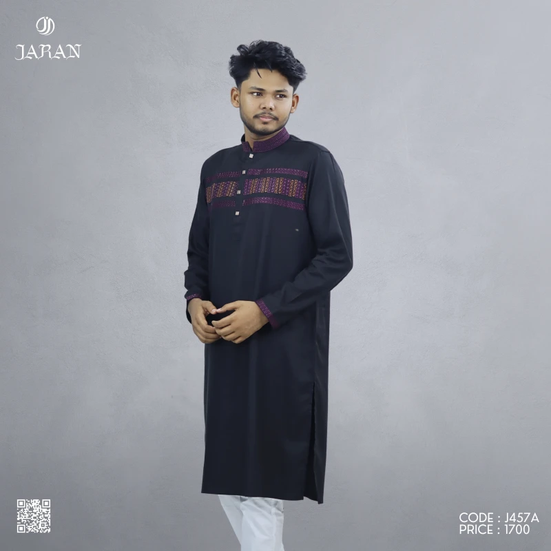 Elegant Black Panjabi with Magenta Embroidery – J457A