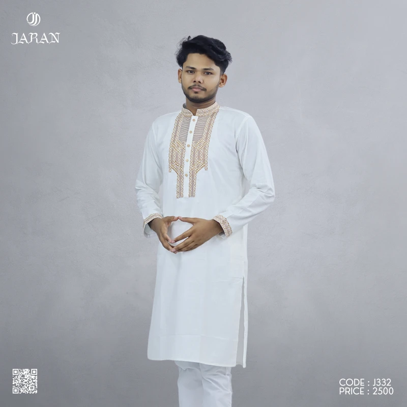 Premium White Panjabi with Gold Geometric Embroidery – J332
