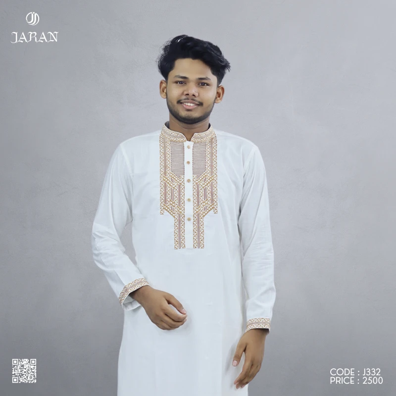 Premium White Panjabi with Gold Geometric Embroidery – J332