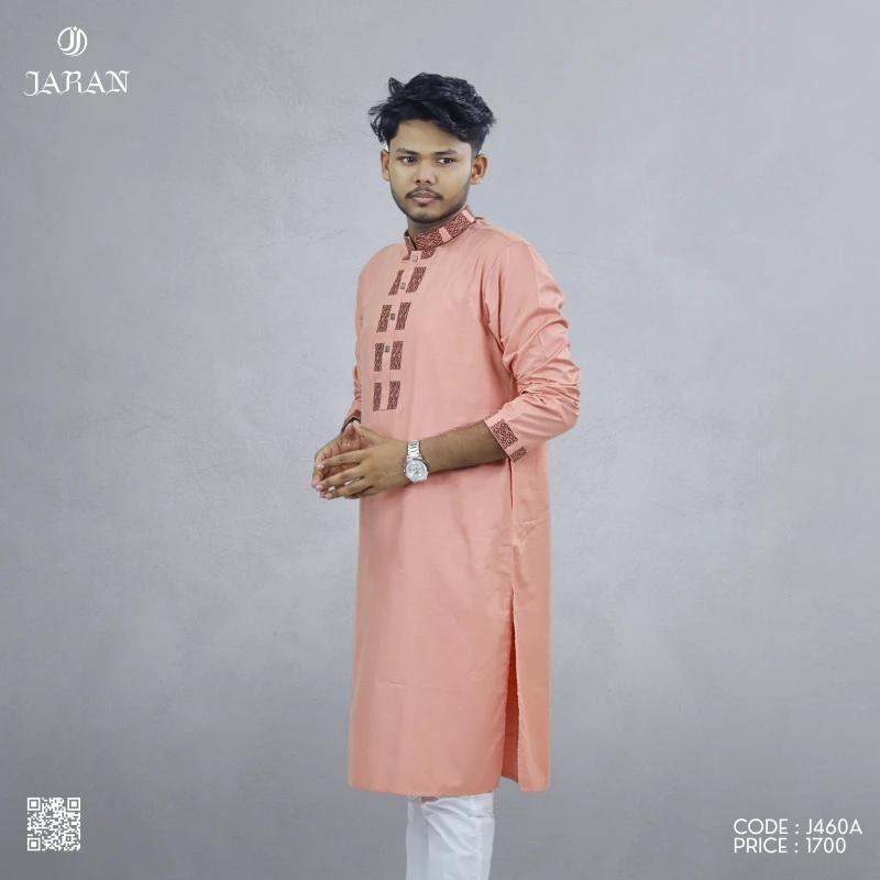 Peach Pink Panjabi with Maroon Thread Embroidery – J460A
