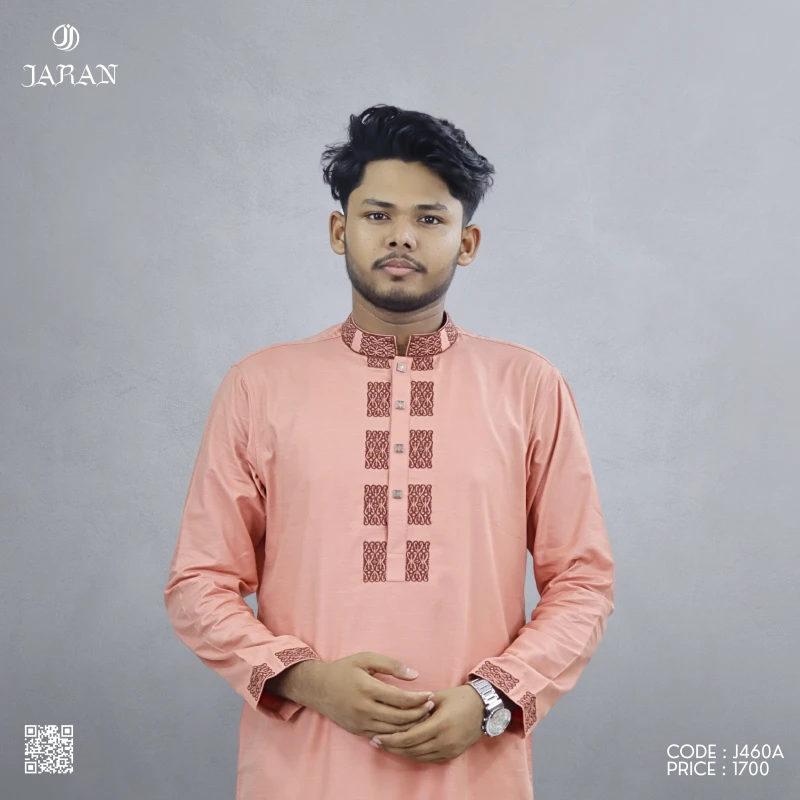 Peach Pink Panjabi with Maroon Thread Embroidery – J460A