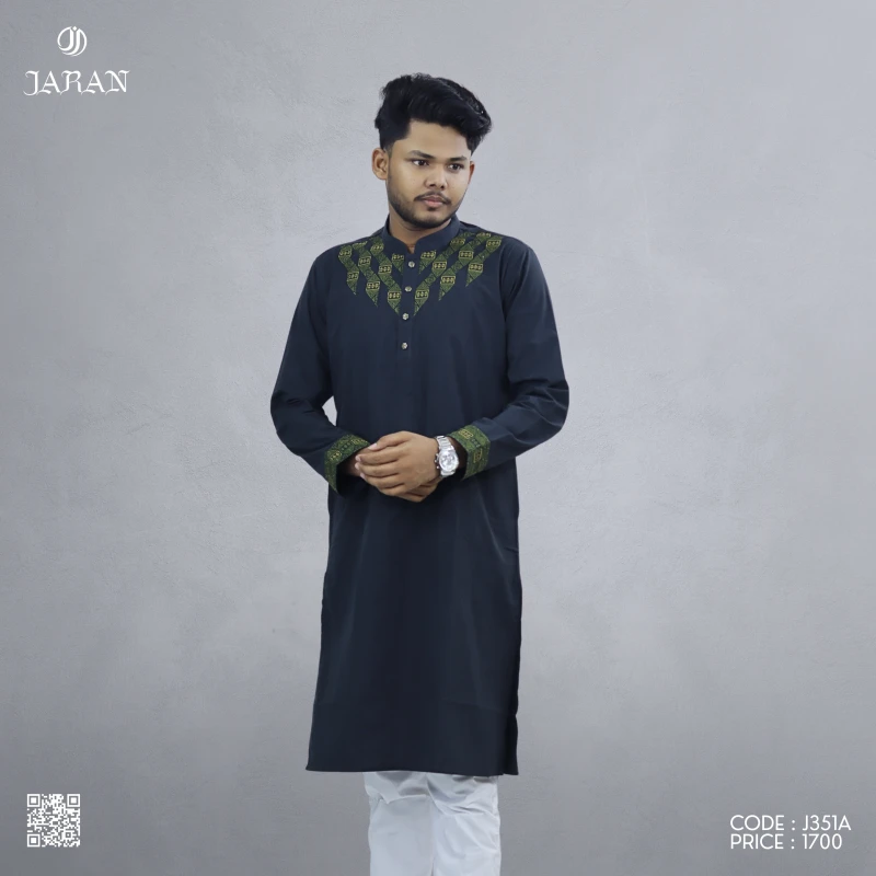 Black Panjabi with Olive Green Geometric Embroidery – J351A
