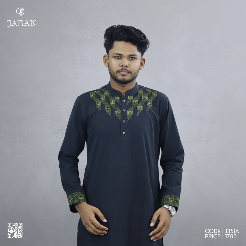 Black Panjabi with Olive Green Geometric Embroidery – J351A