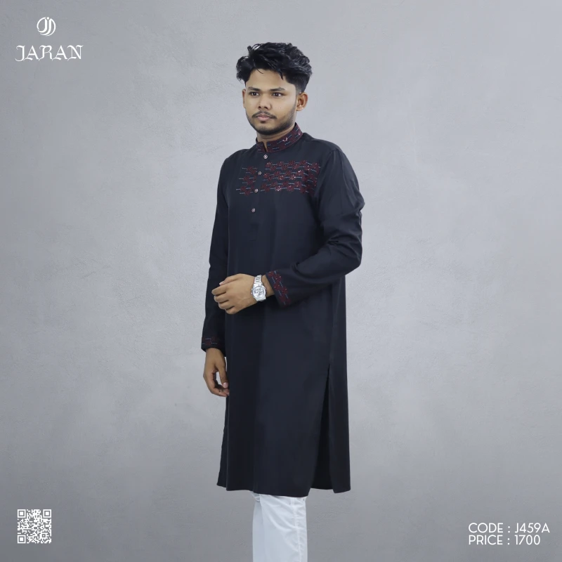 Midnight Black Panjabi with Maroon Embroidery – J459A