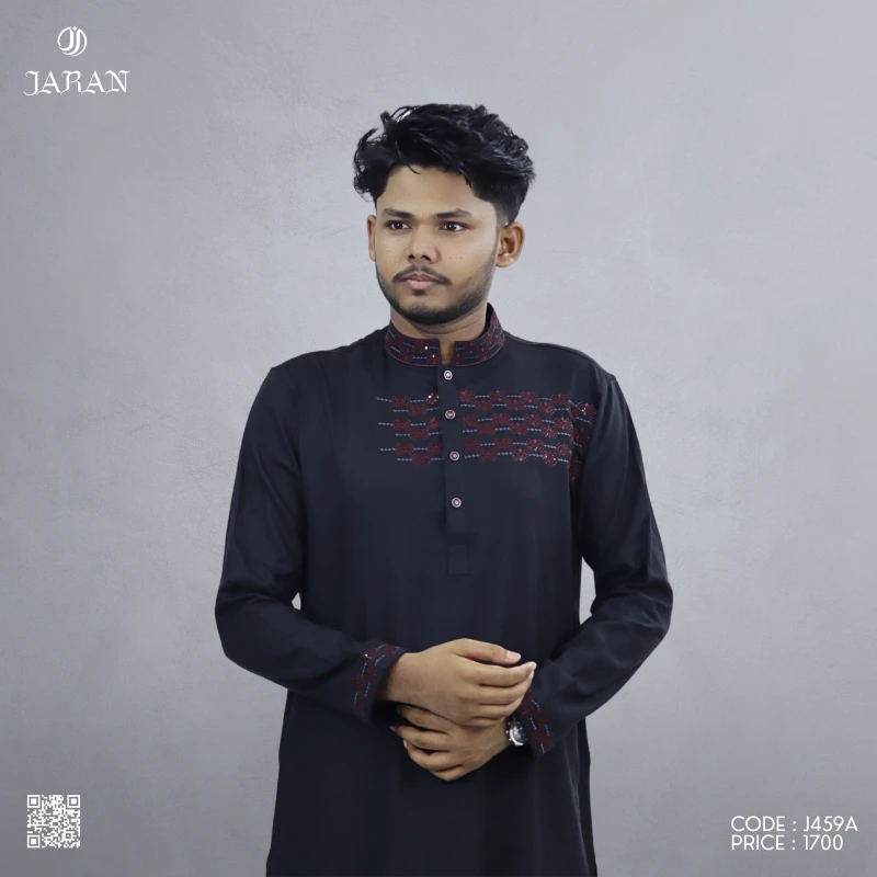 Midnight Black Panjabi with Maroon Embroidery – J459A