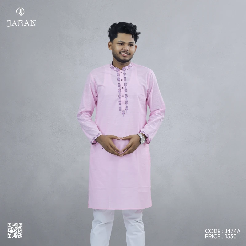 Soft Pink Panjabi with Delicate Floral Embroidery – J474A