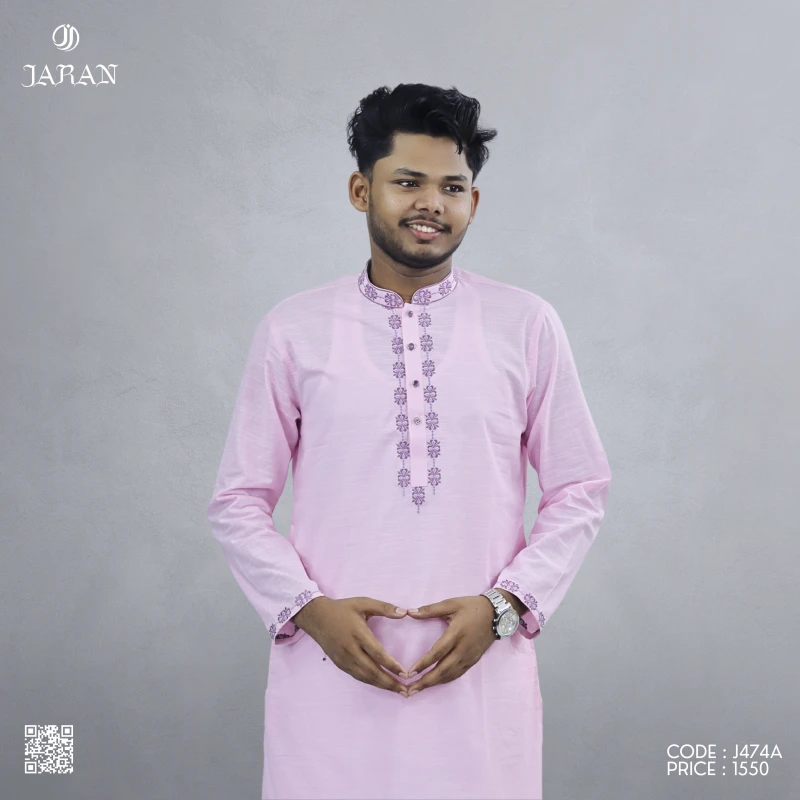 Soft Pink Panjabi with Delicate Floral Embroidery – J474A