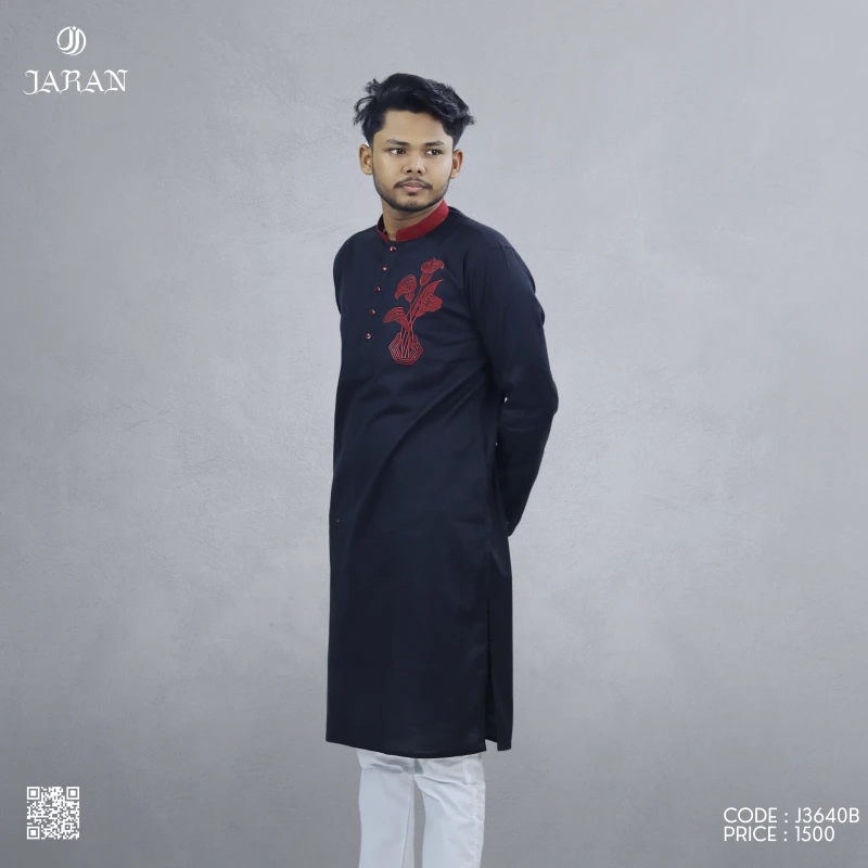 Black Panjabi with Red Floral Chest Embroidery – J3640B