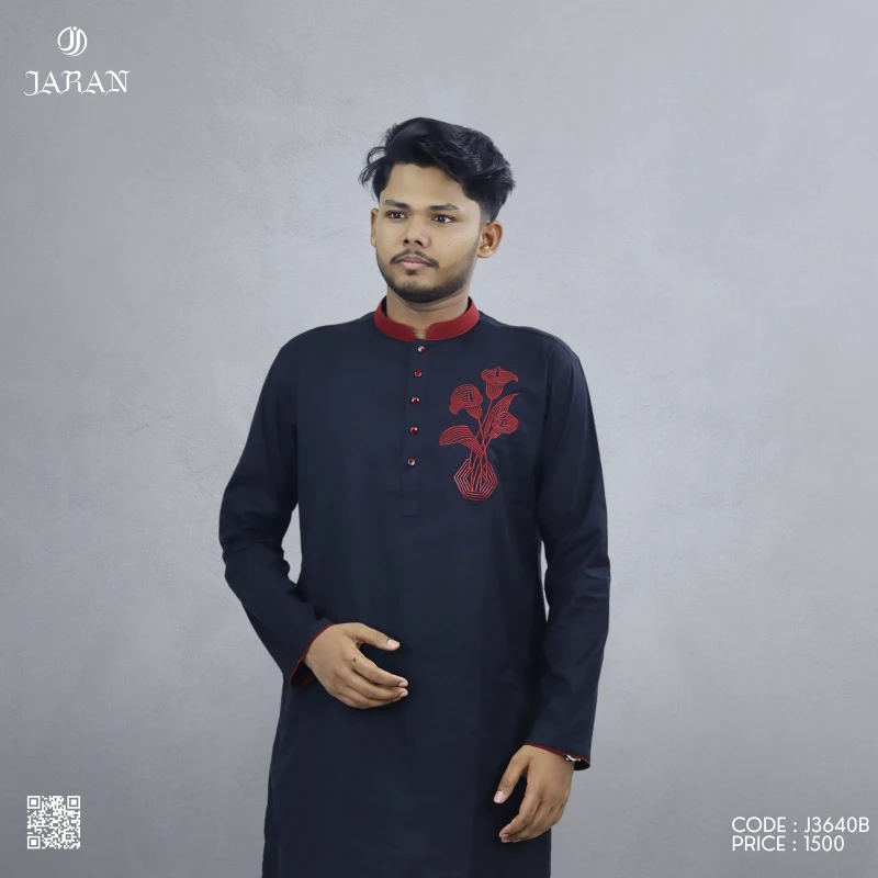 Black Panjabi with Red Floral Chest Embroidery – J3640B