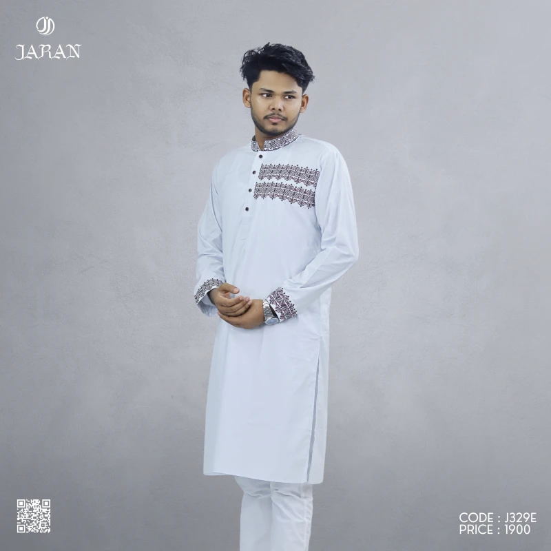 Elegant White Panjabi with Maroon Embroidery – J329E